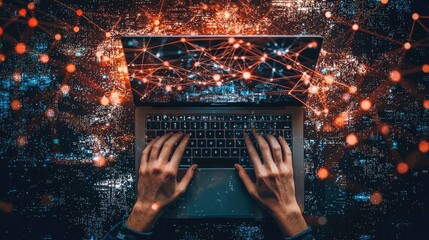 Aufkleber - Abstract representation of digital connectivity and technology, showcasing hands typing on laptop with glowing network connections in dark ambient background