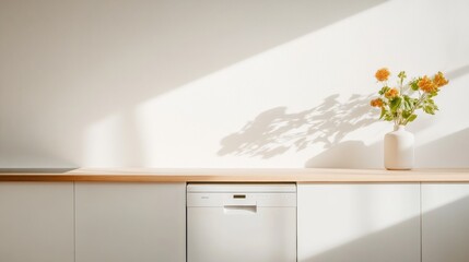 Aufkleber - Minimalist Kitchen with Sunlit Counter and Sunlit Flowers in a Vase on Sunlit Surface