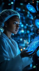 Aufkleber - Scientist in Laboratory Conducting Virus Research with Digital Tablet in Neon-Lit Environment, Highlighting Virus Prevention and Virus Data Analysis