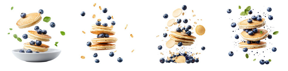 Fototapete - Blueberry pancakes flying through the air isolated on white background. Collection Png.