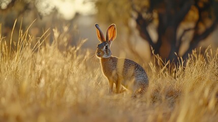 Wall Mural - alert hare in a golden field at sunrise, its long ears catching the morning light