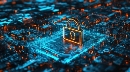 A digital futuristic representation of cybersecurity showcasing a black padlock at the center