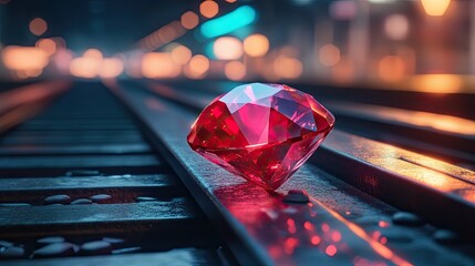 A large, faceted red gemstone resting on railroad tracks
