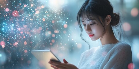 Poster - Korean Woman Analyzing Financial Data on Tablet Amidst Geometric Pastel Patterns