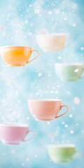 Aufkleber - Surreal Winter Tea Floating Pastel Teacups Amidst Dreamy Pastel Glow