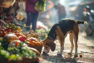 A curious Beagle explores a bustling village market, sniffing the ground amidst colorful fruits and vegetables.