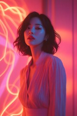 Poster - Futuristic Korean Woman Against Holographic Background in Pastel Glow