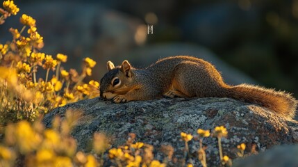 Wall Mural - squirrel resting on a rock with yellow wildflowers in a natural setting at dusk