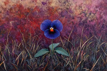 a solitary pansy flower standing out in a patch of grass, symbolizing resilience and beauty.
