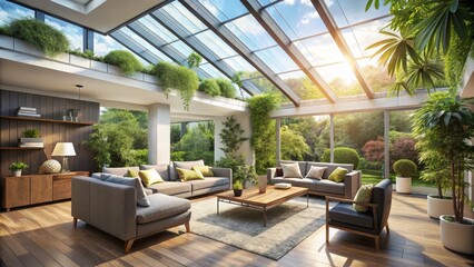 Wall Mural - Sunlit Greenhouse Living Room Modern Interior Design with Glass Roof and Abundant Greenery