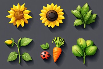 A spring collection of icons with bright, cheerful colors: sunflower, ladybug, carrot, and magnolia flower.