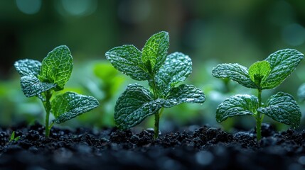 Canvas Print - Three mint seedlings in soil.