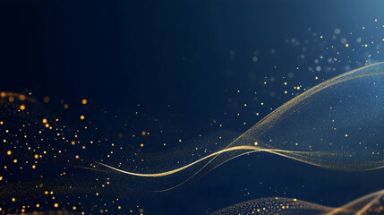 Wall Mural - abstract dark blue background with floating gold particles and shimmering bokeh lights for a digital