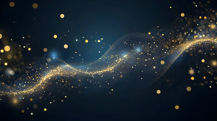 Wall Mural - Abstract dark blue background with floating gold particles and shimmering bokeh lights for a digital holiday theme
