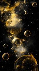 Wall Mural - abstract sparkling golden light orbs scattered on a deep black background, evoking celebration and e