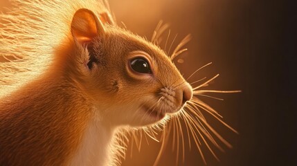Wall Mural - a detailed close up of a squirrel with its fur catching the light against a dark background