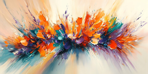 Wall Mural - Bold splashes of bright orange, turquoise, and purple, with irregular shapes and energetic brushstrokes on a light canvas