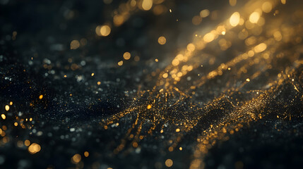 Wall Mural - Bright and soft golden light bokeh scattered across a dark black canvas, perfect for festive celebration themes