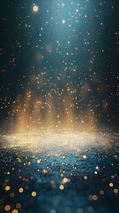 Wall Mural - Futuristic golden sparkling stars and dust scattered over a glowing blue background with a shining floor effect
