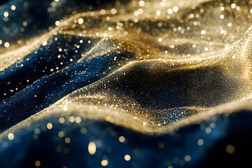 Wall Mural - luxurious gold foil texture overlaying a dark blue backdrop with glowing bokeh particles for a holid