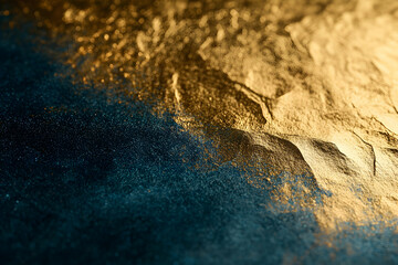 Wall Mural - luxurious gold foil texture overlaying a dark blue backdrop with glowing bokeh particles for a holid