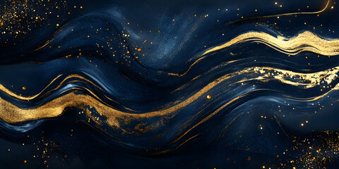 Wall Mural - luxurious gold foil texture overlaying a deep navy blue backdrop, with glittering holiday light part