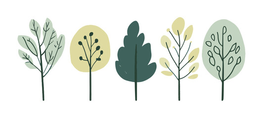 Set of tree and leaf collection hand drawn flat design vector element. botanical set of bare trees and ones with leaves and lush green