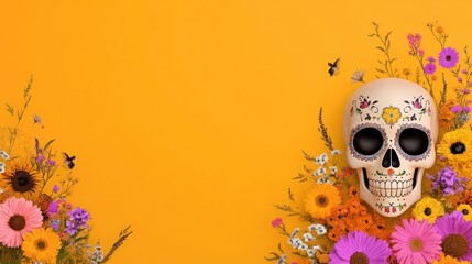 Colorful Day of the Dead Sugar Skull with Flowers on Orange Background - Dia de los Muertos Carnival Poster Design