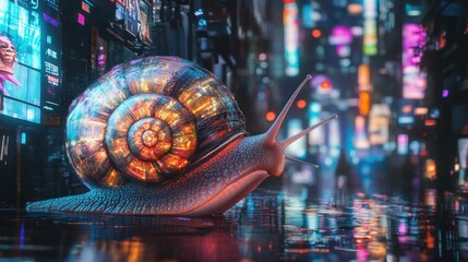 Wall Mural - A bioluminescent snail crawls on a neon-lit city street at night.