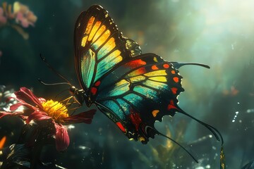 A vibrant butterfly drinking from a flower, with its body illuminated by natural light.