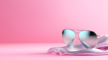 Canvas Print - Silver aviator sunglasses rest on pink silk fabric against a pink background.