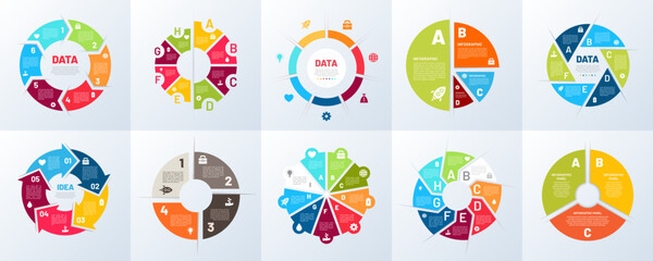 Poster - Diagram chart. Circular graph, 5 4 or 6 parts. 3, 7 or 8 color business template for strategy presentation. Financial infochart with copy space for text. Contemporary design vector layout set