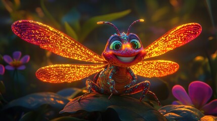 Poster - A cheerful, glittering insect with large wings sits amidst vibrant flowers at dusk.