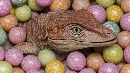 Poster - Lizard reptile in a pile of colorful candies.