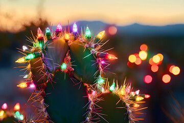 Wall Mural - Colourful Christmas lights illuminated on a cactus plant in the desert