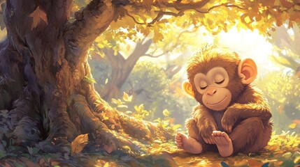 Poster - A cute baby chimpanzee peacefully rests under a large tree in a sun-drenched forest, surrounded by autumn leaves.