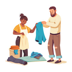 Canvas Print - a flat illustration of woman giving old clothes to poor man