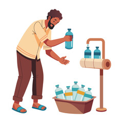 Canvas Print - a flat illustration of poor character filling bottles with tap water