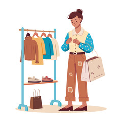 Canvas Print - a flat illustration of woman doing shopping from flea market