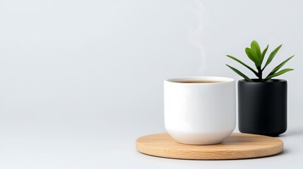 Sticker - Steaming coffee in white mug on wooden tray next to small potted plant.