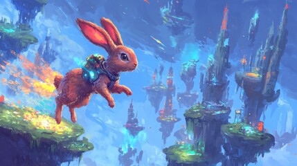 Wall Mural - A cute rabbit wearing a jetpack soars through a whimsical sky above floating islands.