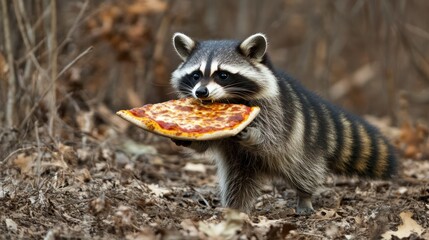 Poster - A cute raccoon holding a large slice of pizza in a forest.