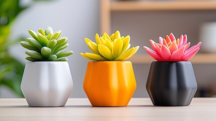 Canvas Print - Three artificial succulents in colorful pots on wooden surface.