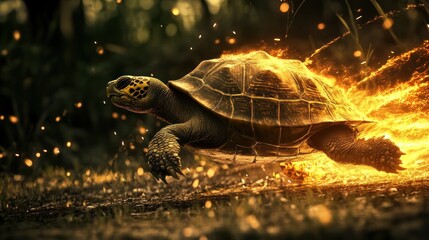 Wall Mural - A fiery, fast-moving turtle sprints across the ground, leaving a trail of flames.