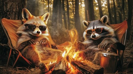 Poster - A fox and raccoon wearing sunglasses relax by a campfire in a forest.