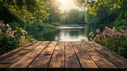 Wall Mural - Wood deck by serene river.