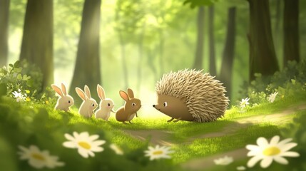 Poster - A hedgehog and three bunnies meet on a sunlit forest path, surrounded by daisies.