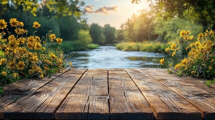 Sticker - Wooden deck, river, flowers.