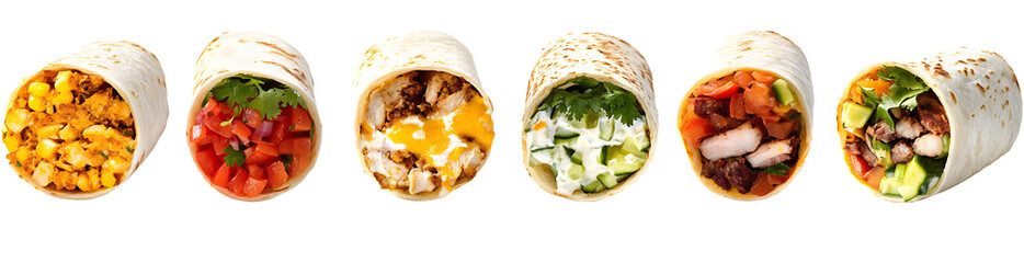 Wall Mural - Set of tasty Mexican burrito rolls isolated on a white or transparent background, tortilla wrapped into a cylindrical shape around a filling of various ingredients.