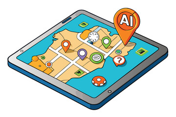 Wall Mural - Digital map illustration on a tablet with AI powered location markers and navigation icons, symbolizing smart travel and technology